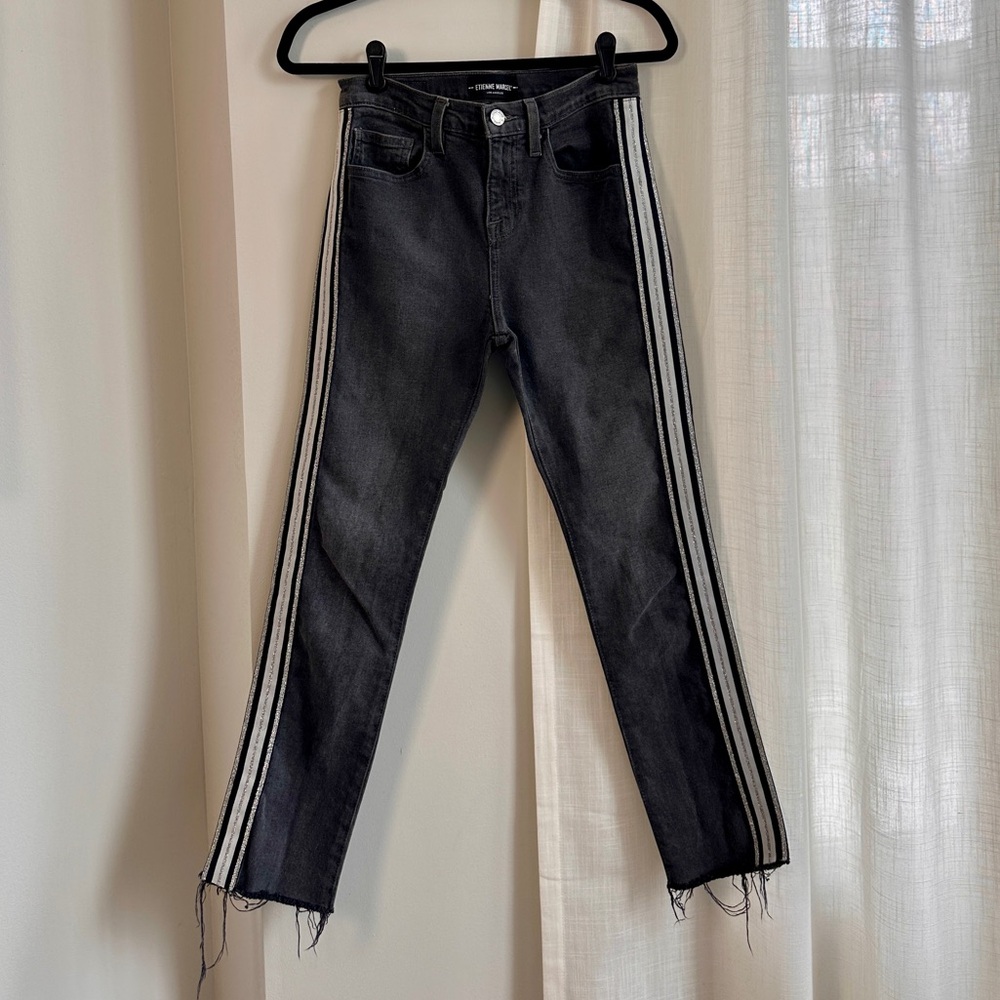 Women’s Etienne Marcel Denim, Faded Black Gray Jeans with Silver Stripe, 26 EUC